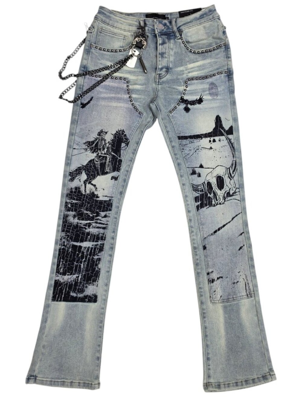 MAX KROME MEN'S FLARE FIT ART WORK & STUDS KR-3047 TINT Stack Jeans